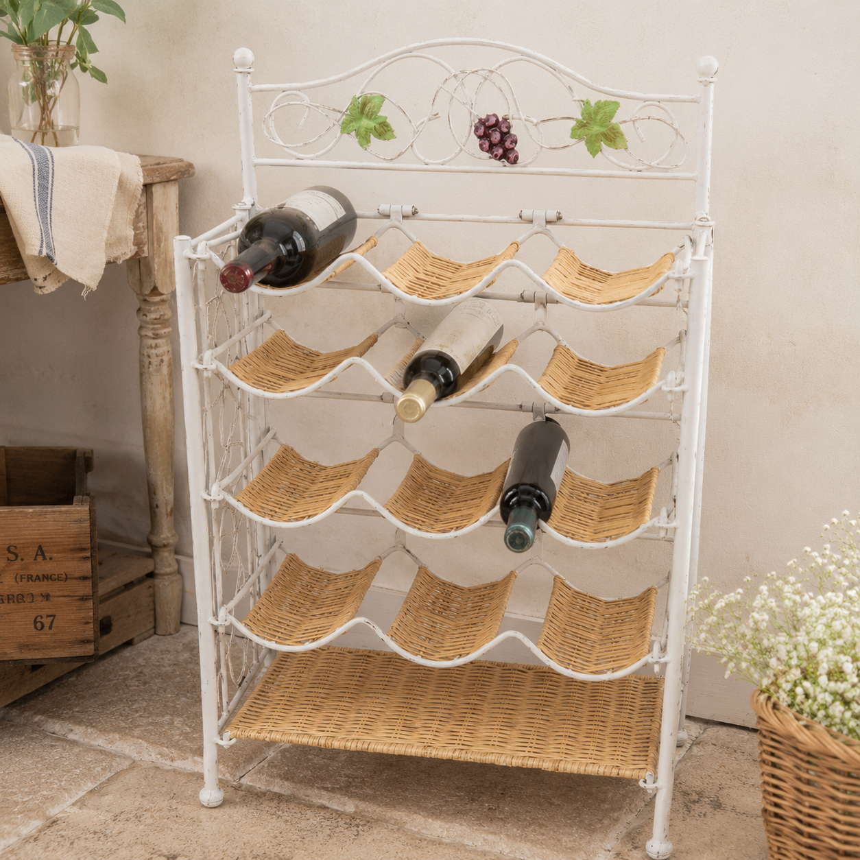 Wine rack with wicker bottles and shelves in a rustic setting