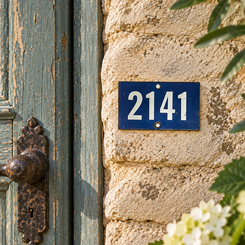 French small enamel blue and white door number shown on a weathered stone wall beside a rustic wooden blue wooden with a vintage door handle 