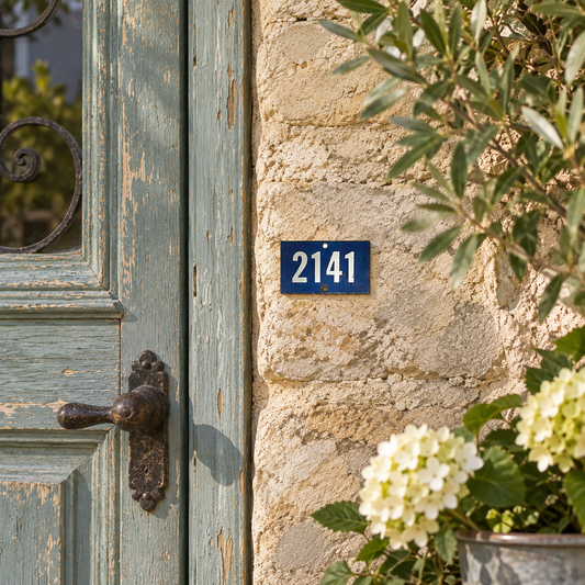 French small enamel blue and white door number shown on a weathered stone wall beside a rustic wooden blue wooden with a vintage door handle, a plant and foliage is in the corner of the image