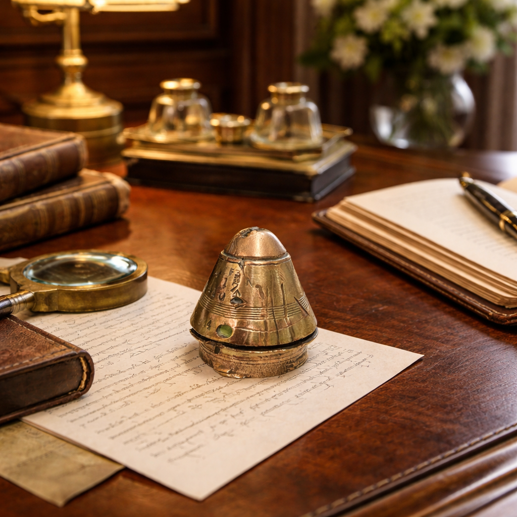 Vintage desk setup with a magnifying glass, inkwell, and old books on a wooden surface.