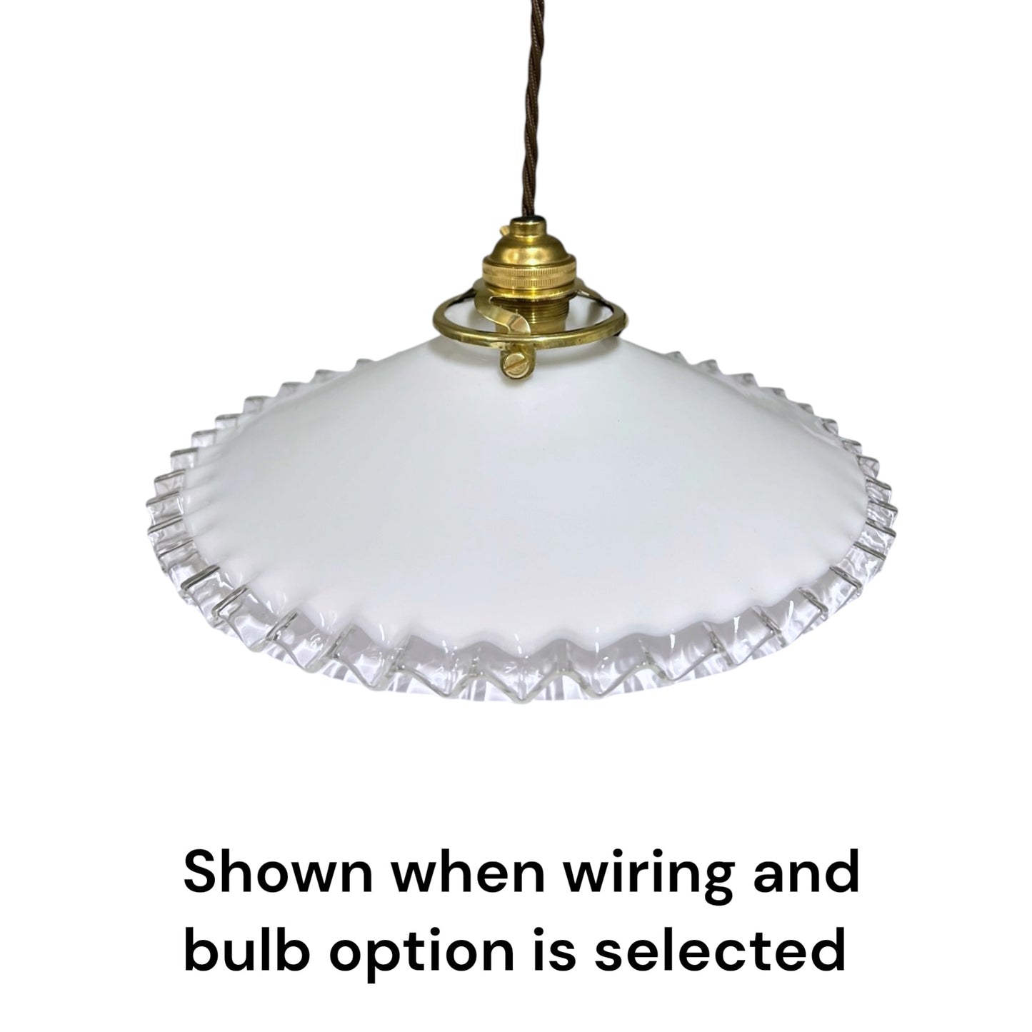 French vintage milk glass pendant lampshade with a brass collar set on a white background and text saying shown when wiring and bulb option is slected
