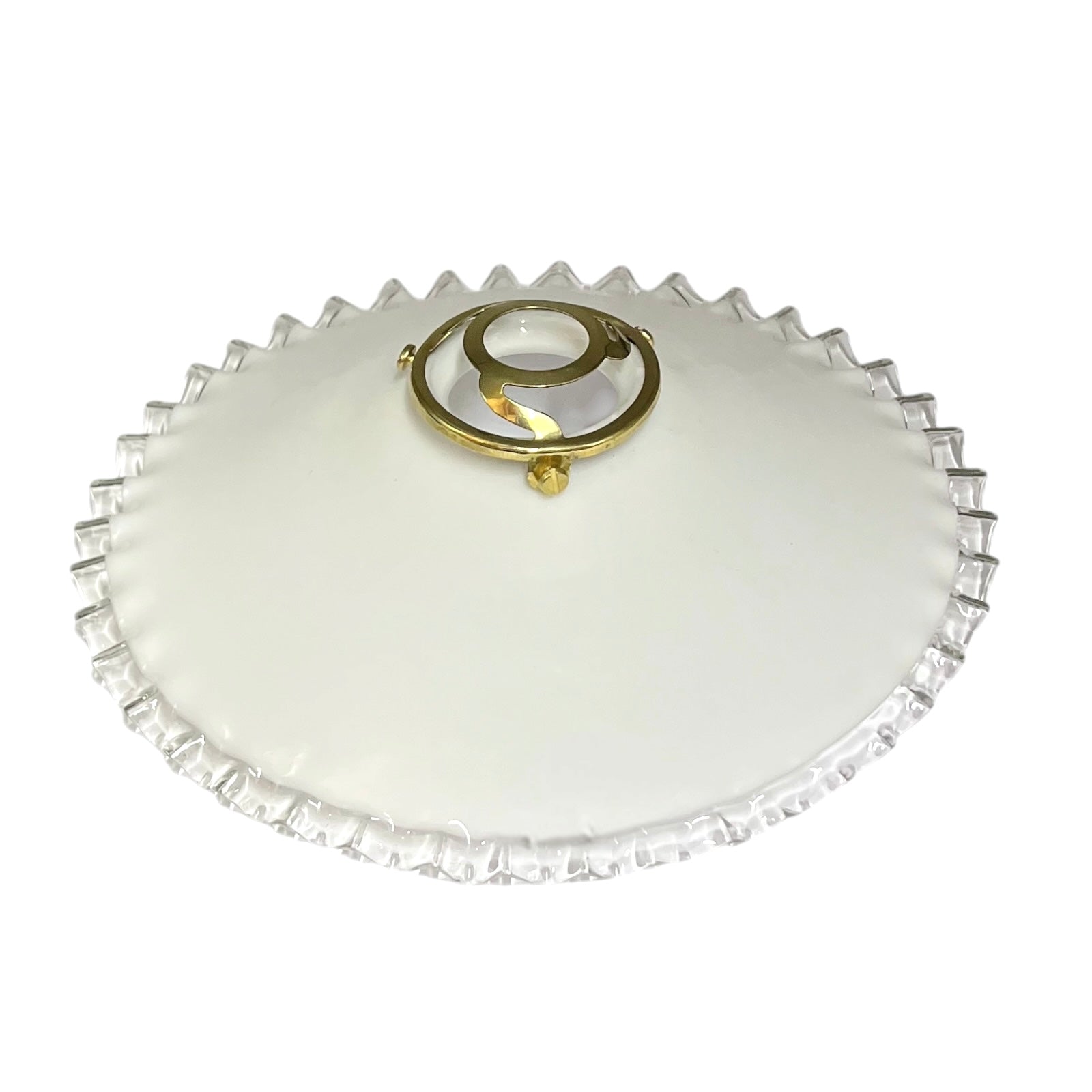 French vintage milk glass pendant lampshade with a brass collar set on a plain white background 