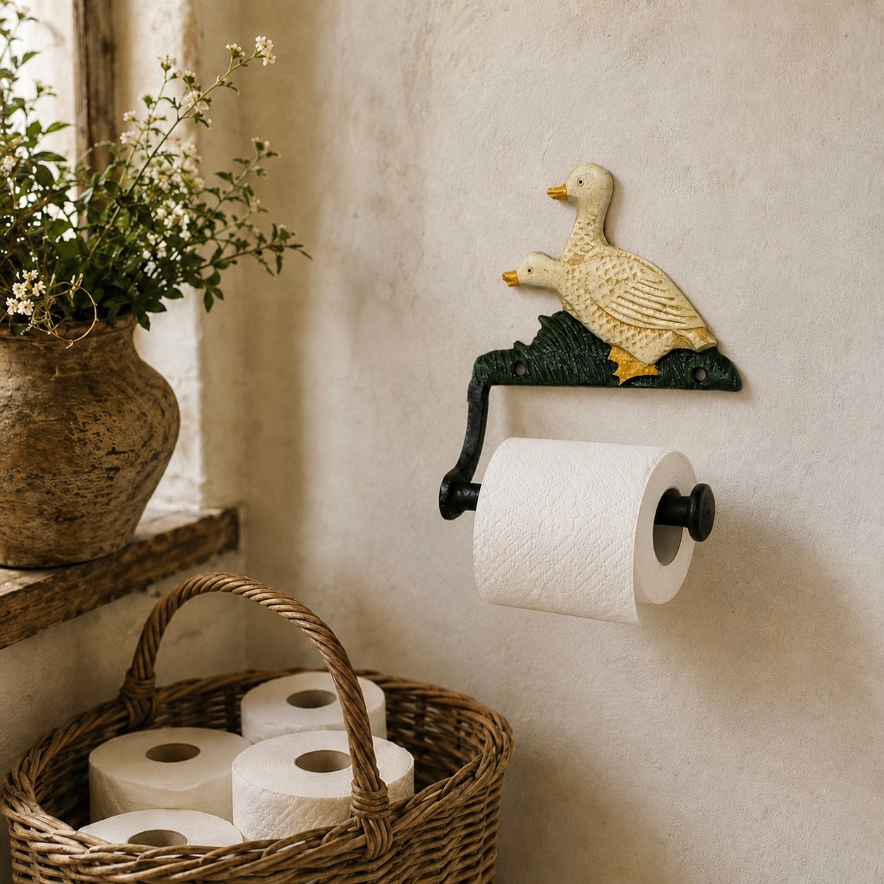 Decorative toilet paper holder with a duck design on a wall next to a basket of toilet paper.