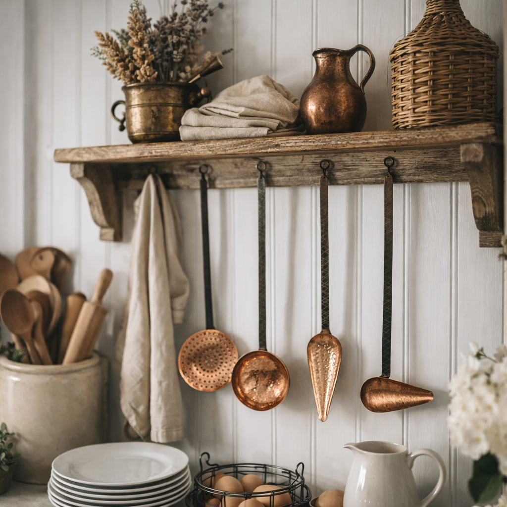 Set of 4 French copper and metal hanging vintage utensils in a French farmhouse kitchen 