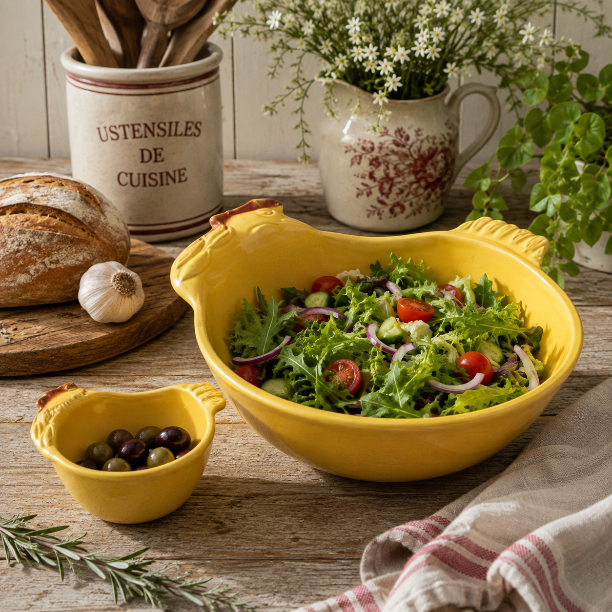 A yellow ceramic salad bowl filled with greens, tomatoes, and onions, shown on a rustic wooden table with a matching small yellow side bowl, bread, garlic, flowers, and kitchenware in the background.