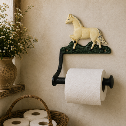 Decorative horse-themed toilet paper holder on a wall with a basket of toilet paper and flowers.