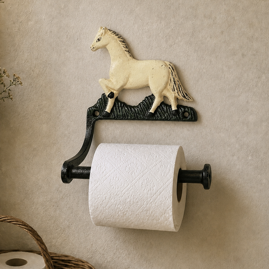 A wall-mounted toilet paper holder with a decorative horse figure on a black metal bracket, shown holding a white toilet paper roll against a beige wall.