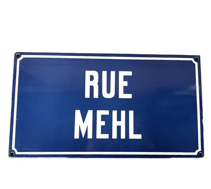 French Enamel Street Sign, Vintage Blue and White Road Sign Plaque, Rue Mehl