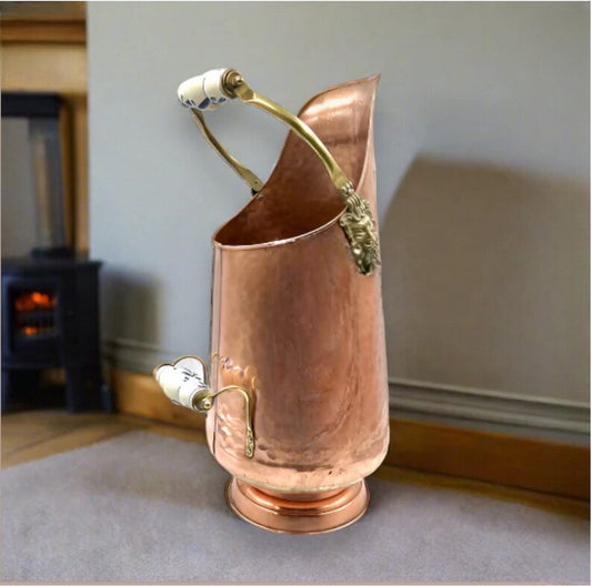 French copper and brass copper coal scuttle with porcelain handles 