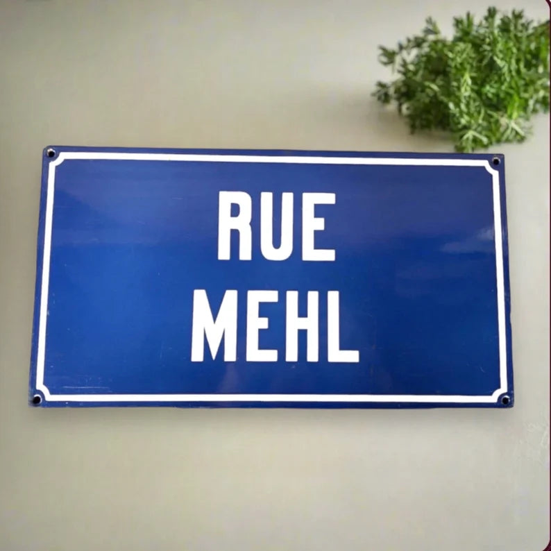 French Enamel Street Sign, Vintage Blue and White Road Sign Plaque, Rue Mehl for sale from All Things French Store