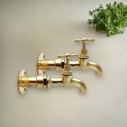 Pair of solid brass wall mounted kitchen or bathroom taps sold by All Things French Store