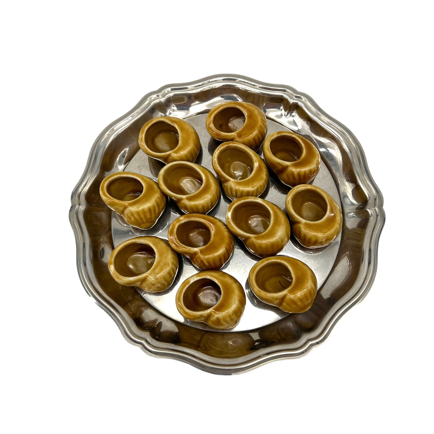 12 French beige ceramic snail pots on a silver tray with a white background sold by All Things French Store