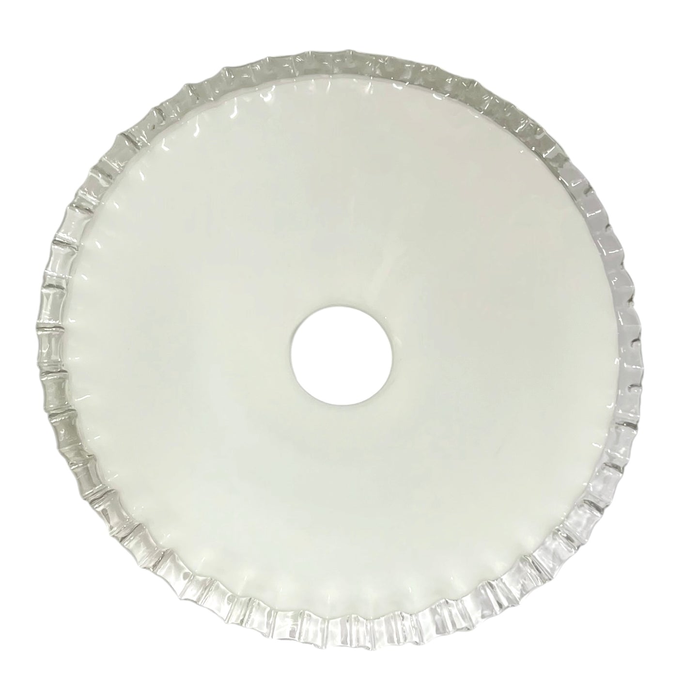 close up of underside of French vintage milk glass pendant lampshade on a white background 