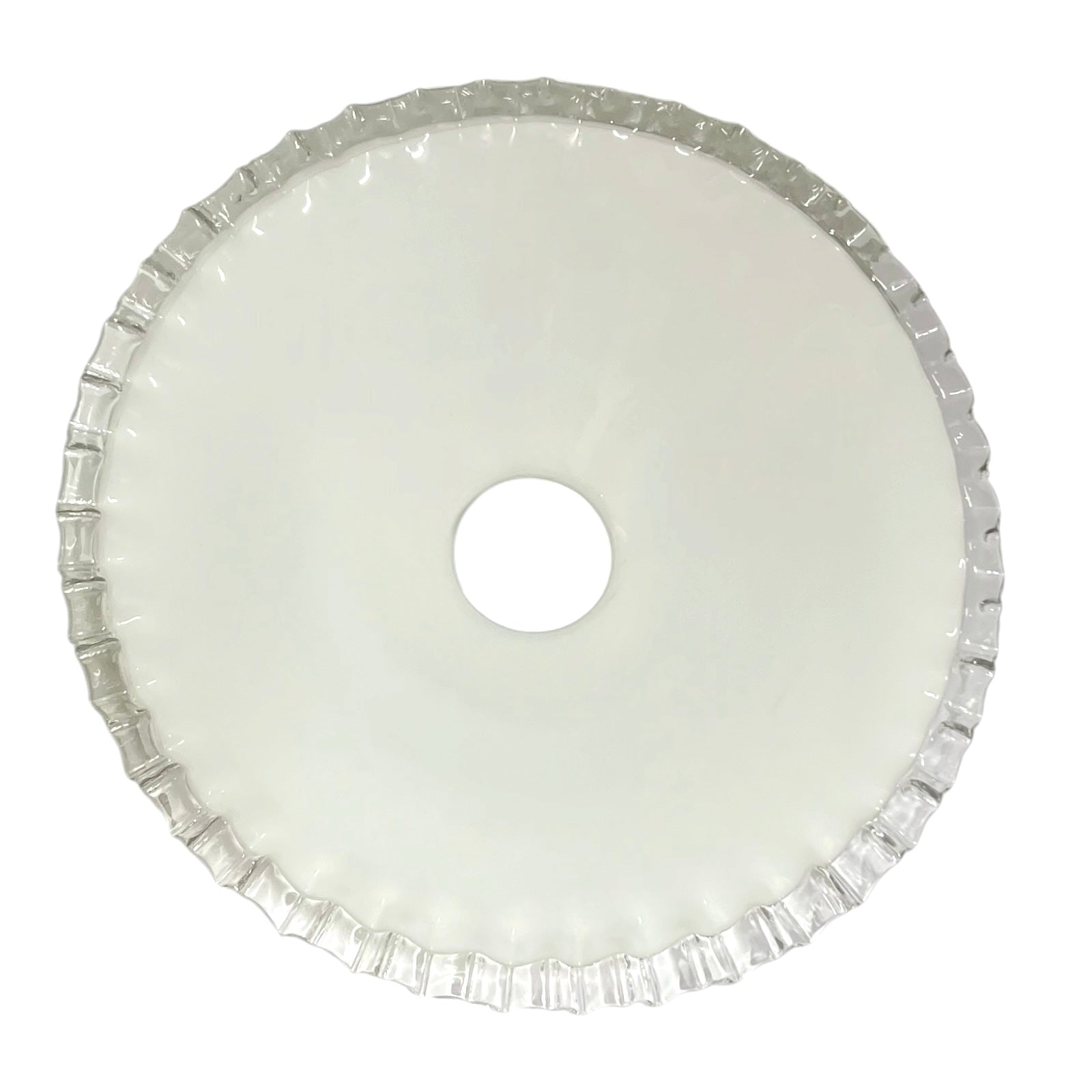 close up of underside of French vintage milk glass pendant lampshade on a white background 