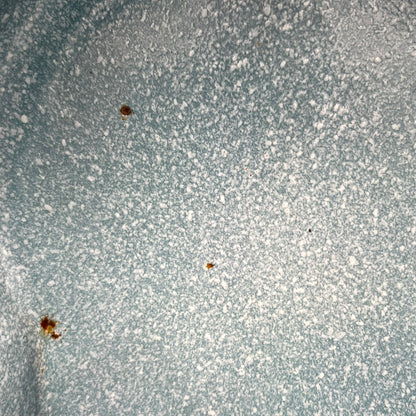 Close-up of wear and tear on a blue metal planter on a white background