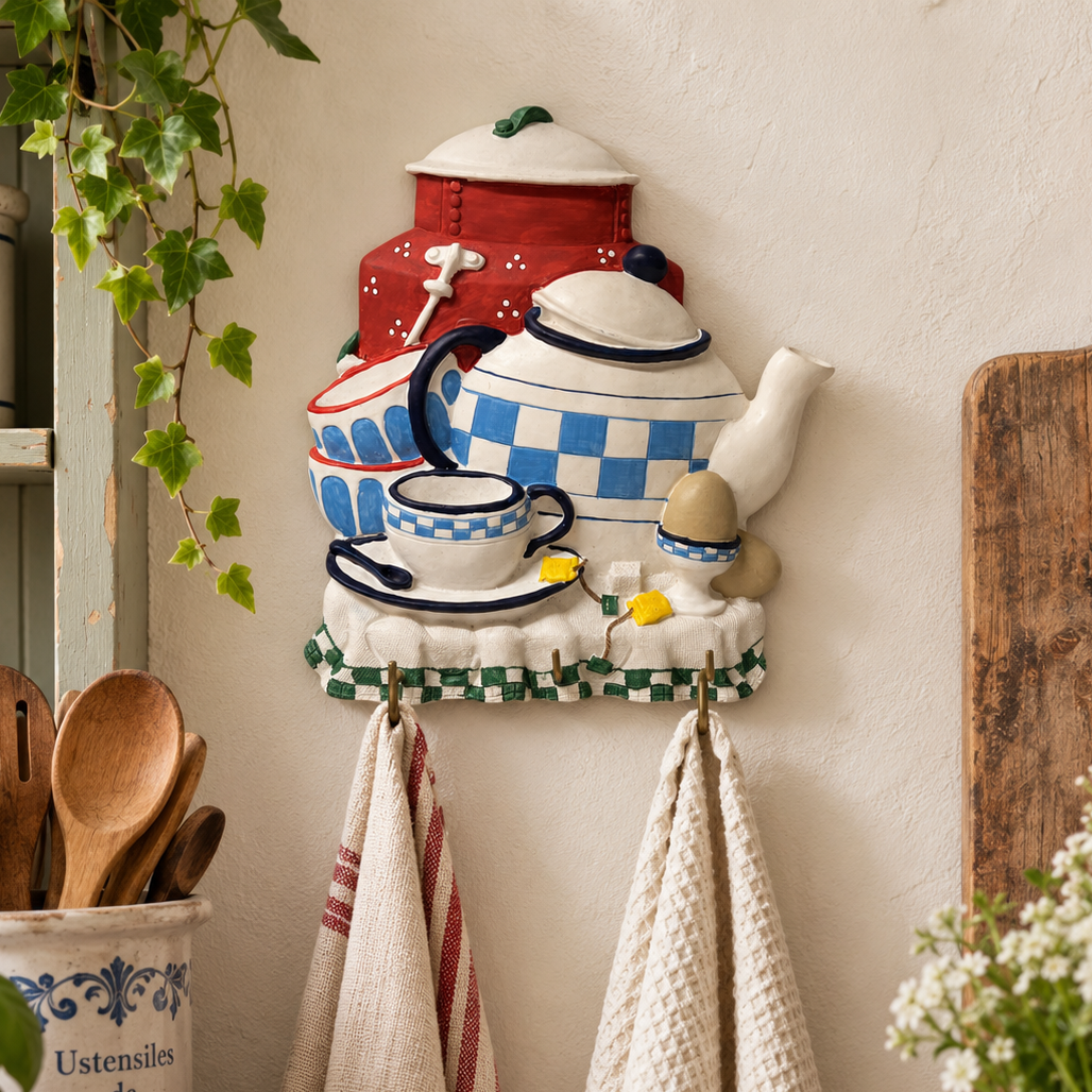 A decorative ceramic wall-mounted kitchen scene with a teapot, teacups, a red milk canister, and hanging towels below, styled in a rustic kitchen setting.
