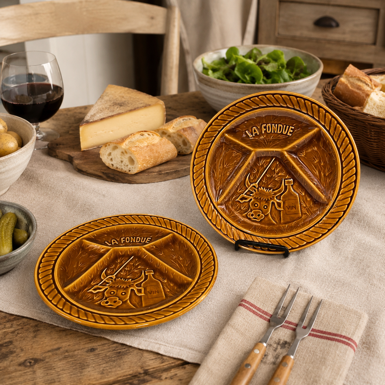 Two round embossed ceramic serving platters with the brand name 'LA FONDUE' displayed on the top, styled on a rustic wooden dining table with cheese, bread, wine, and cutlery.