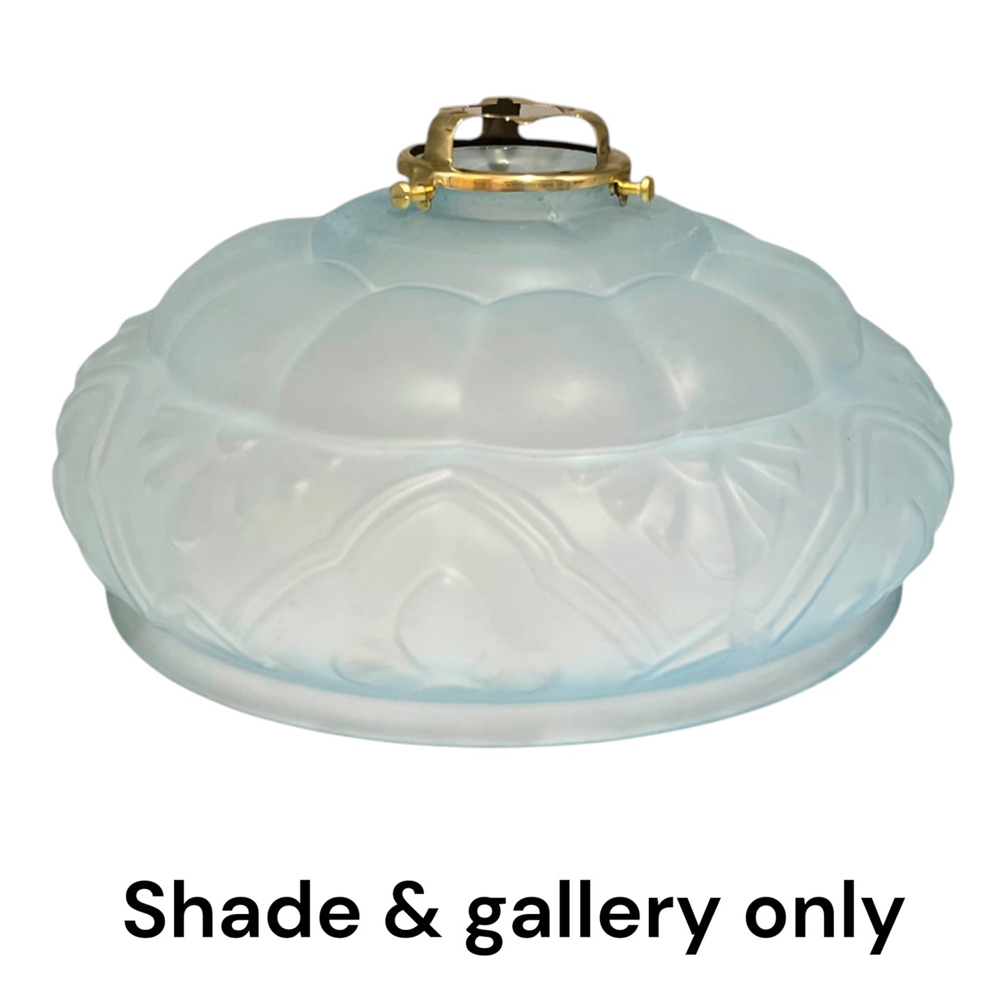 Detail of the original brass gallery attached to the frosted pale blue glass pendant light shade.
