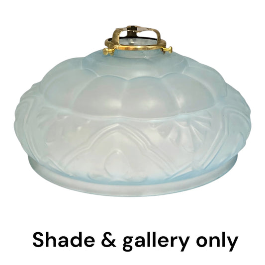 Detail of the original brass gallery attached to the frosted pale blue glass pendant light shade.