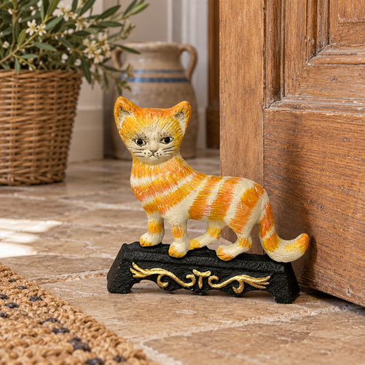 An orange and cream striped cat figurine standing on a black decorative base with gold scrollwork, placed on a stone floor beside a wooden door.