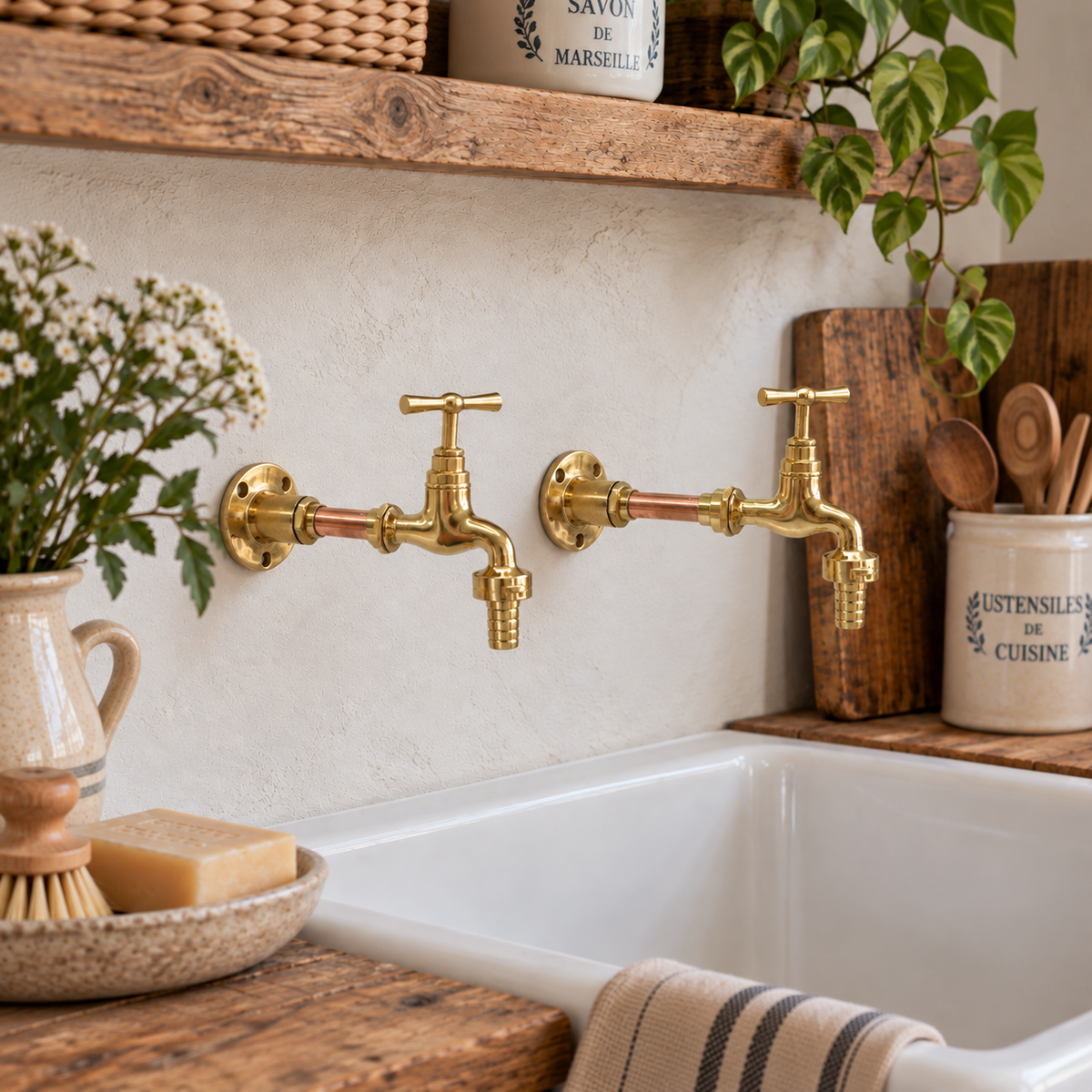 Two brass wall-mounted faucet spouts installed above a white farmhouse sink in a rustic kitchen setting with wooden shelves, plants, and ceramic containers.