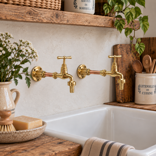 Two brass wall-mounted faucet spouts installed above a white farmhouse sink in a rustic kitchen setting with wooden shelves, plants, and ceramic containers.
