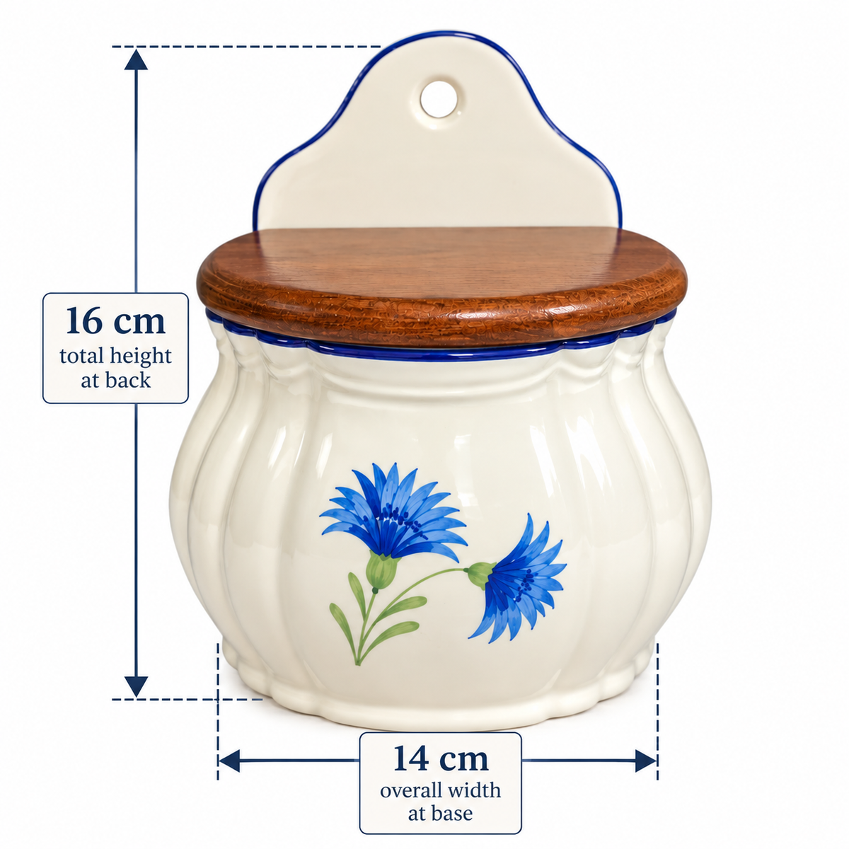 An off-white ceramic jar with a wooden lid, blue trim, and blue flower illustrations, shown with dimension labels indicating 16 cm total height and 14 cm overall width at the base.
