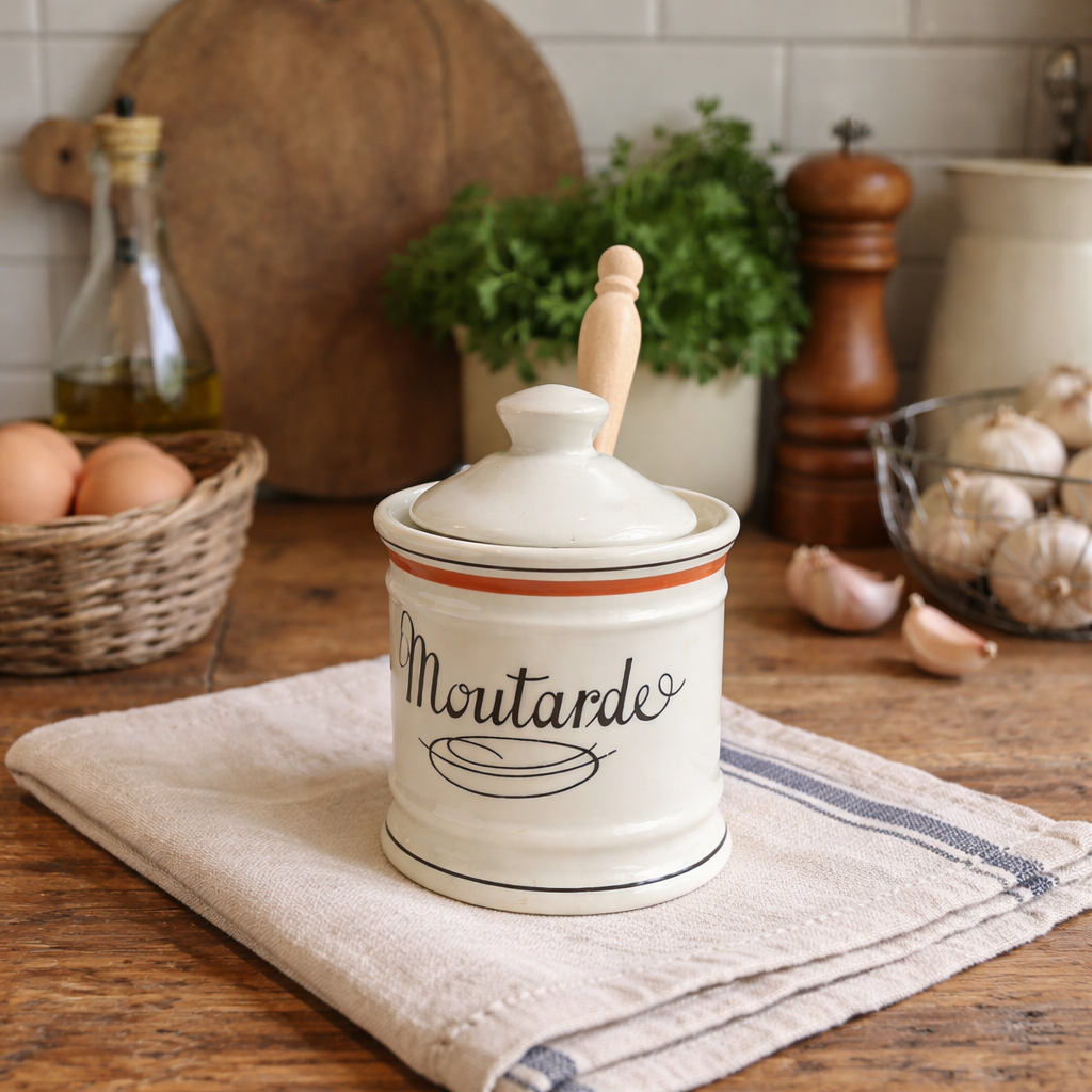 White mustard jar with wooden handle on a kitchen counter, surrounded by kitchen items.