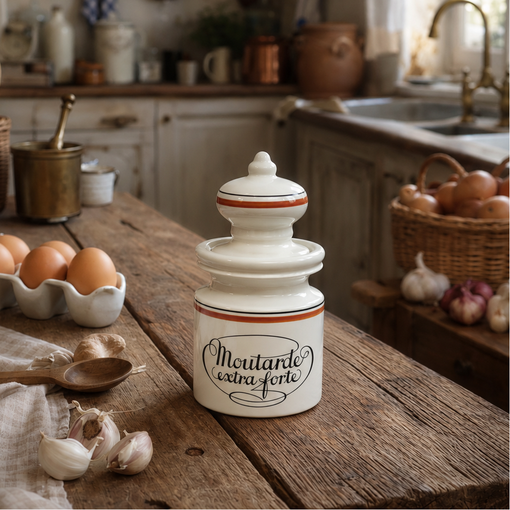 A white ceramic kitchen jar with a lid and the French text 'Moutarde extra-forte' printed on the front, set on a rustic wooden table in a cozy, vintage-style kitchen with eggs, garlic, and copper pots in the background.