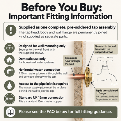 Important fitting information infographic for All Things French Store handmade British brass wall-mounted taps. Explains that the tap head, body and wall flange are permanently joined as one complete pre-soldered assembly and cannot be separated. Includes an illustrated cross-section showing the horizontal 15mm copper water pipe passing through the wall, the front-mounted brass flange secured with supplied screws, and the tap connection. Confirms domestic use only, standard UK 15mm plumbing compatibility an