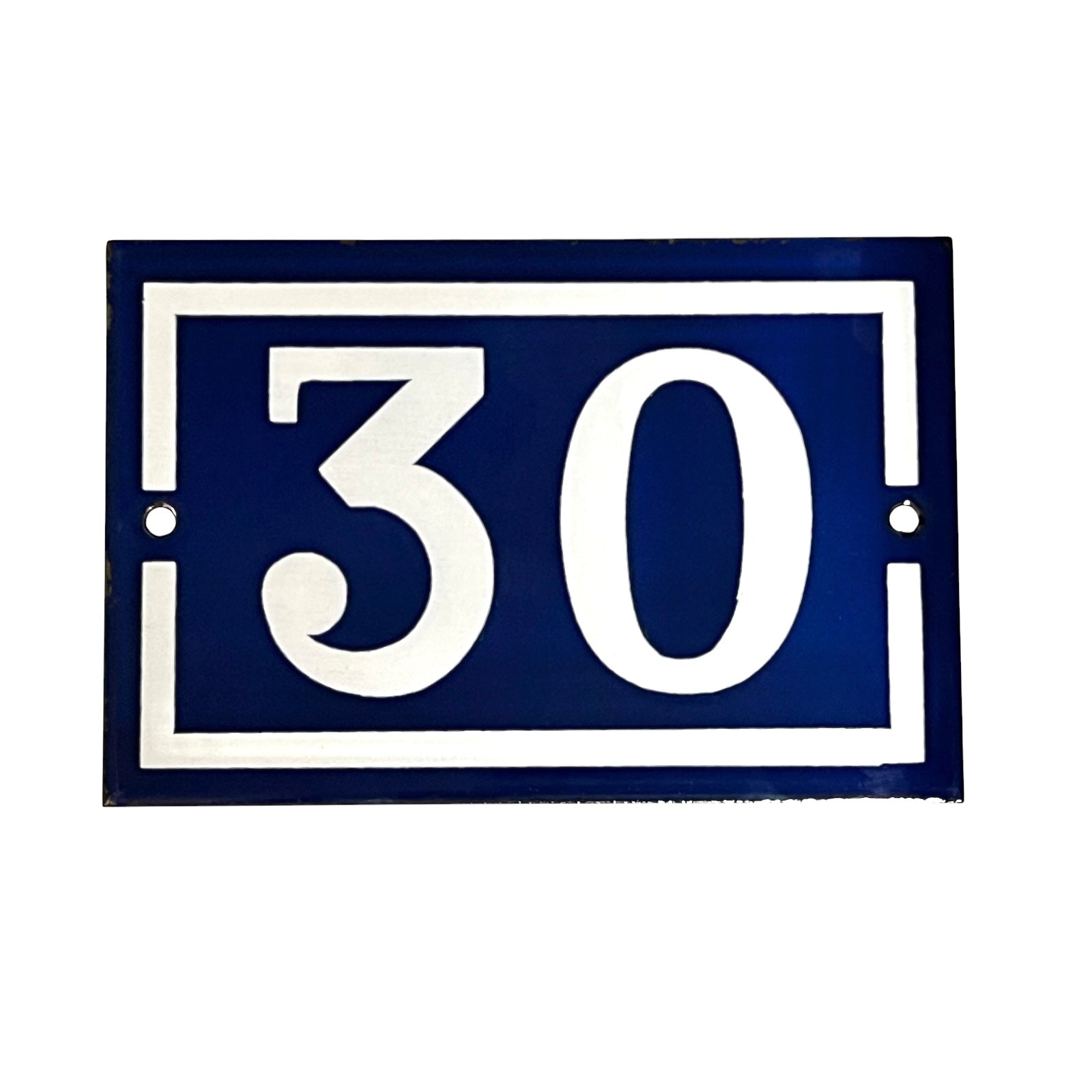 French enamel navy blue rectangular sign with white number '30'
