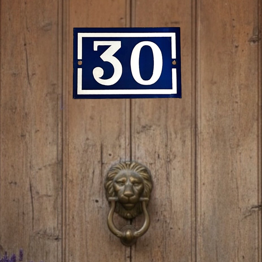 French vintage blue and white door number 30 on a brown wooden door with a lions head knocker
