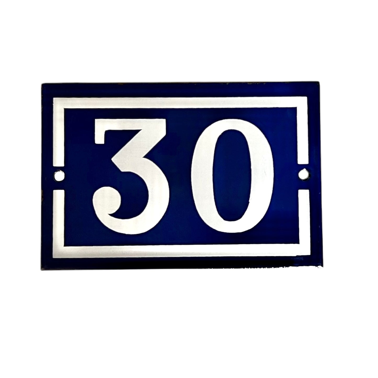 Blue rectangular plate with white number '30'