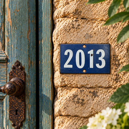 Blue and white house number 2013 on a stone wall beside a blue door 