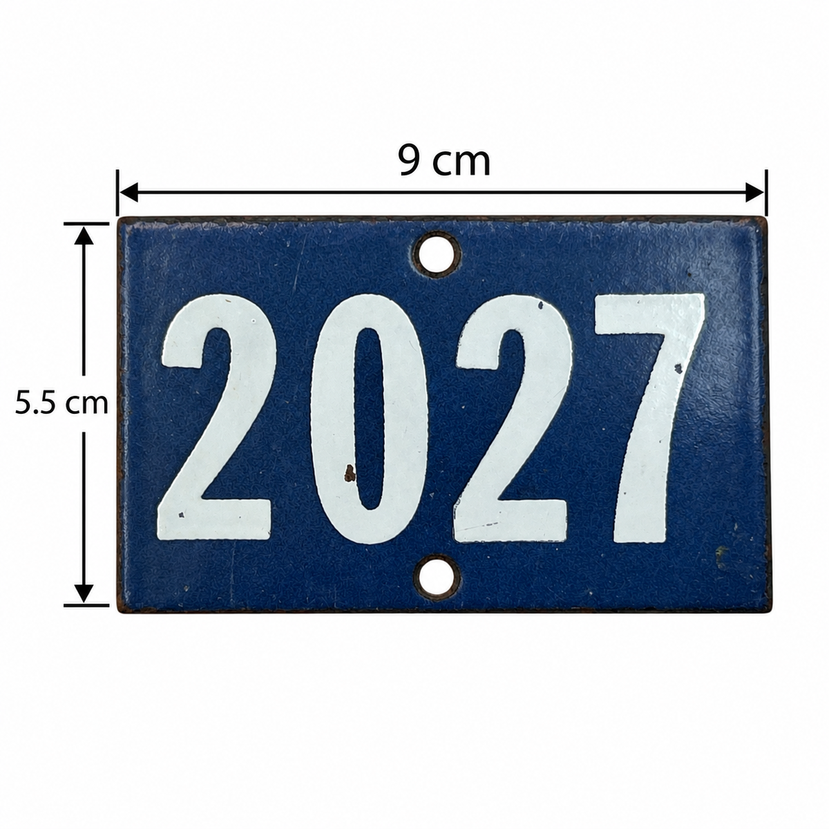 blue and white number 2027 on a white background with measurements