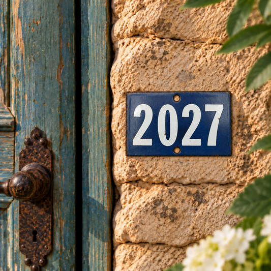 French blue and white vintage enamel door number 2027 on a stone wall beside a blue door 