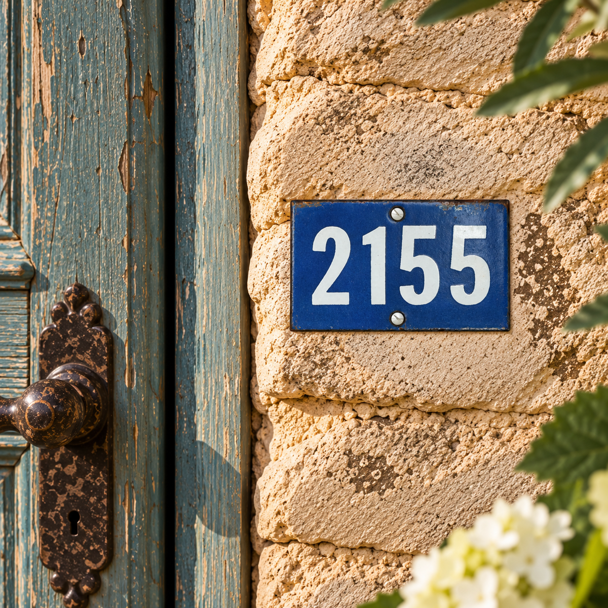 French blue and white door or house number 2155 on a stone wall beside a blue door, ideal for a vintage style front door 