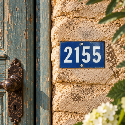 French blue and white door or house number 2155 on a stone wall beside a blue door, ideal for a vintage style front door 