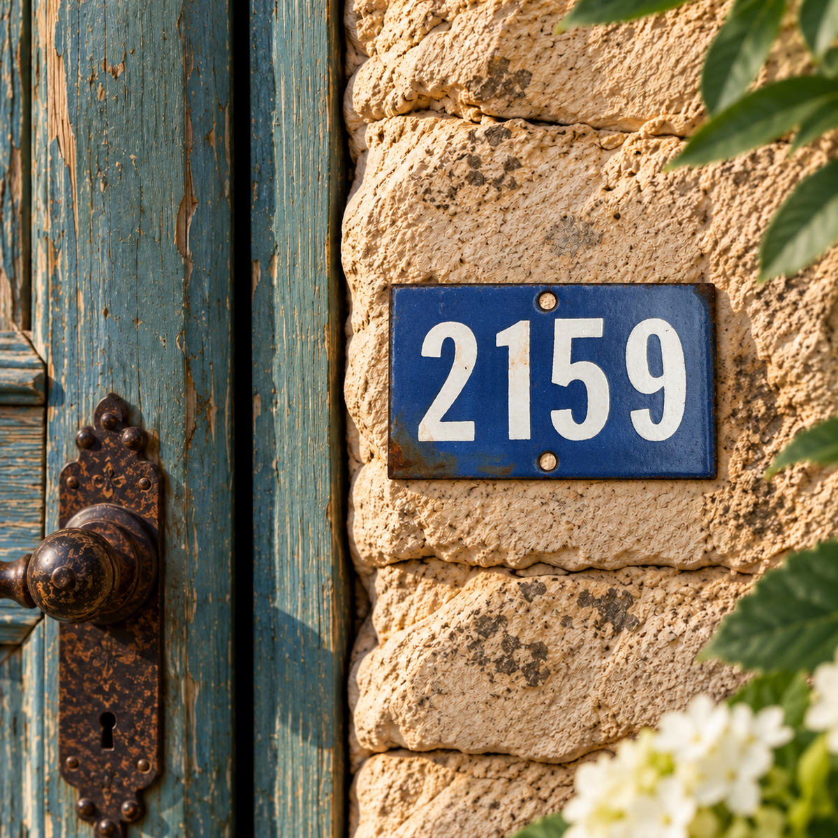 A blue rectangular house number plaque with white numerals '2159' mounted on a beige stone wall next to a weathered teal wooden door with a rusted metal doorknob.