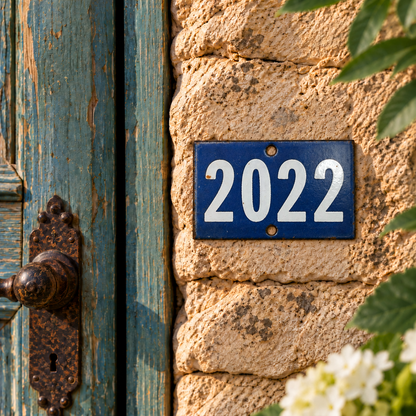 A blue rectangular house number plaque with white '2022' text mounted on a tan stone wall beside a weathered teal wooden door with a rusted metal knob.