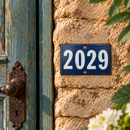 Blue and white vintage enamel door number 2029 on a stone wall 