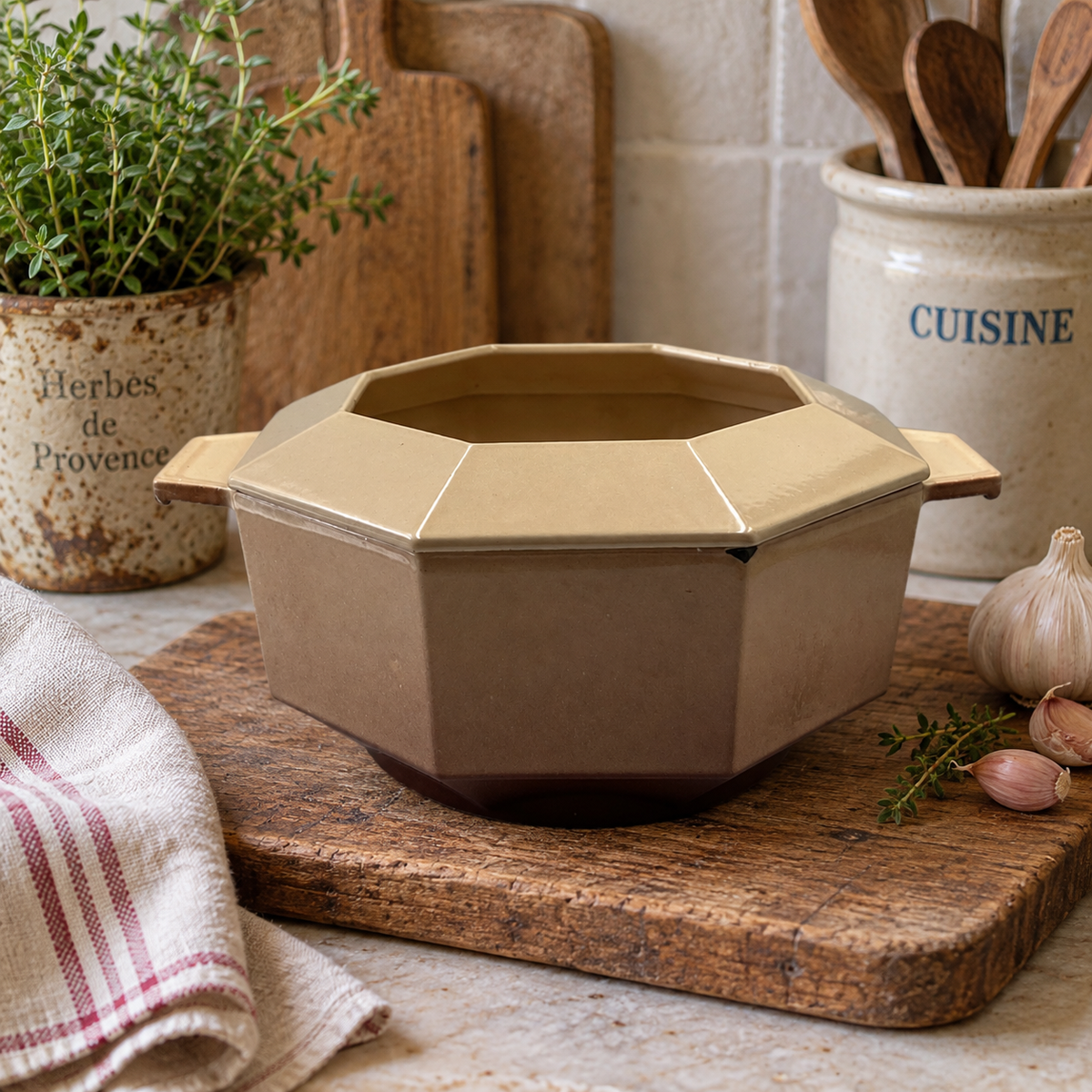 A beige octagonal ceramic pot with side handles sits on a rustic wooden cutting board in a kitchen setting, surrounded by herbs, garlic, a striped cloth, and ceramic utensil storage.