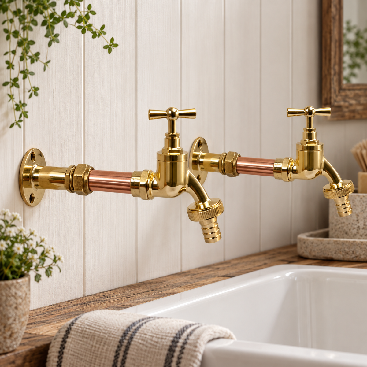 A pair of wall-mounted brass sink faucets with copper horizontal pipes, shown installed above a white sink in a bathroom setting with a wood-look countertop and small plants.