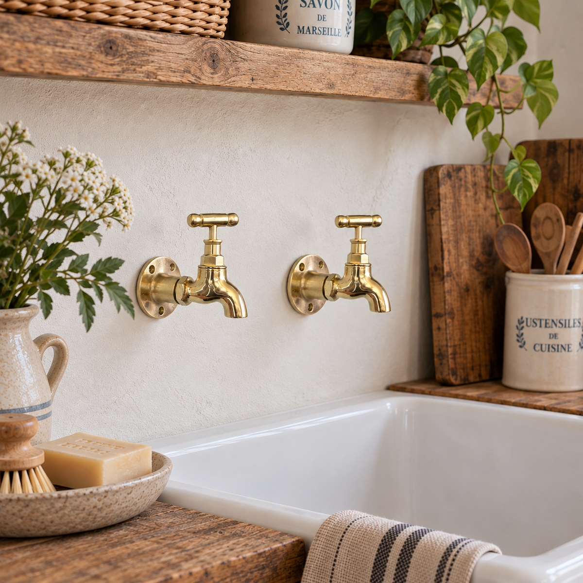 Two brass kitchen tap with bar handles mounted on a white wall above a white sink, styled in a rustic kitchen setting with wooden shelves, plants, and ceramic containers.