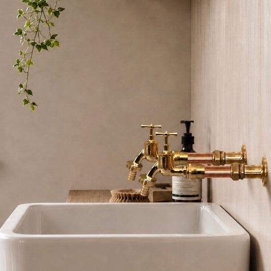 Bathroom sink with gold faucet and decorative elements on a neutral wall.