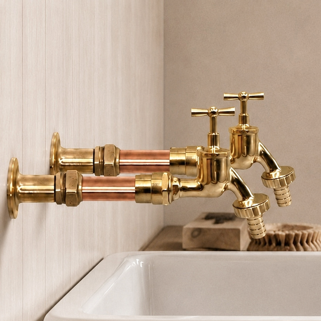 Pair of Traditional Brass and Copper Kitchen Taps ideal for Belfast Sink