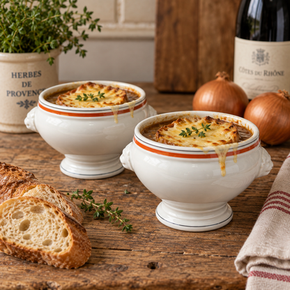 Two white ceramic soup bowls with orange stripes, filled with topped onion soup, set on a rustic wooden table with sliced bread, onions, herbs, and a wine bottle in the background.