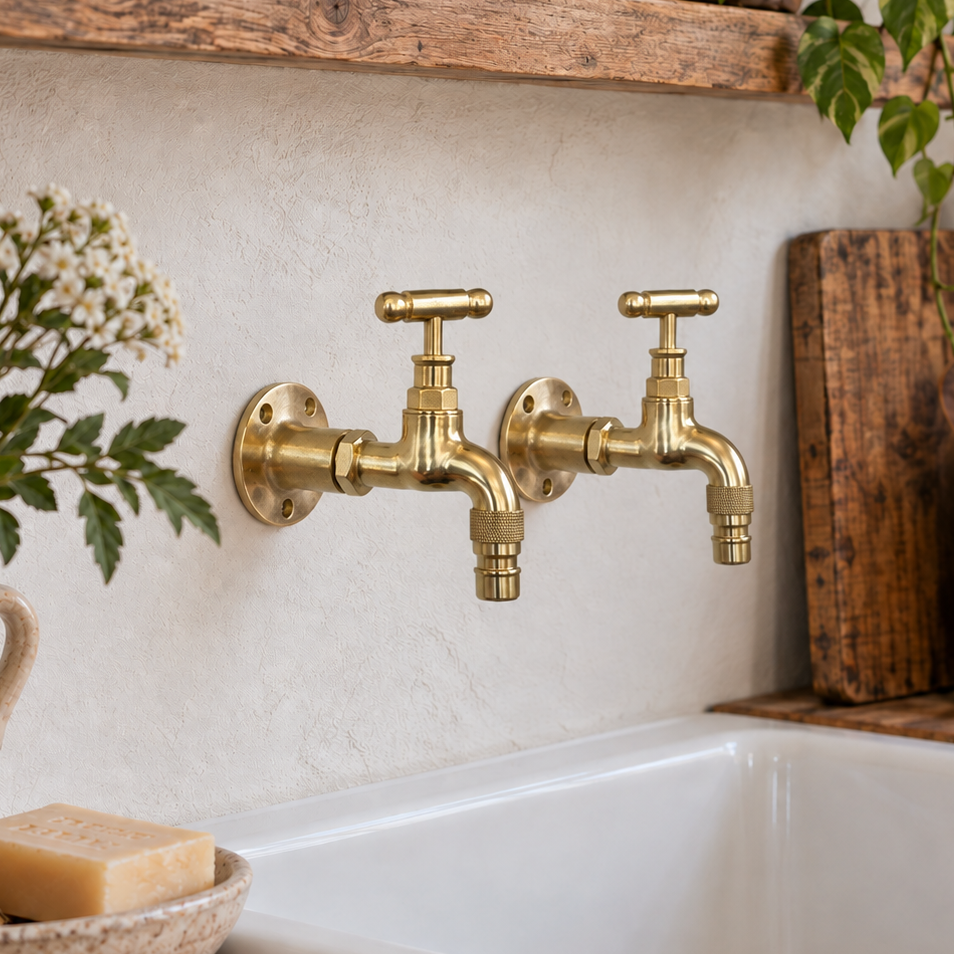 Two brass kitchen faucet spouts mounted on a textured white wall above a white farmhouse sink, styled with rustic wooden shelves, plants, soap, and wooden utensils.