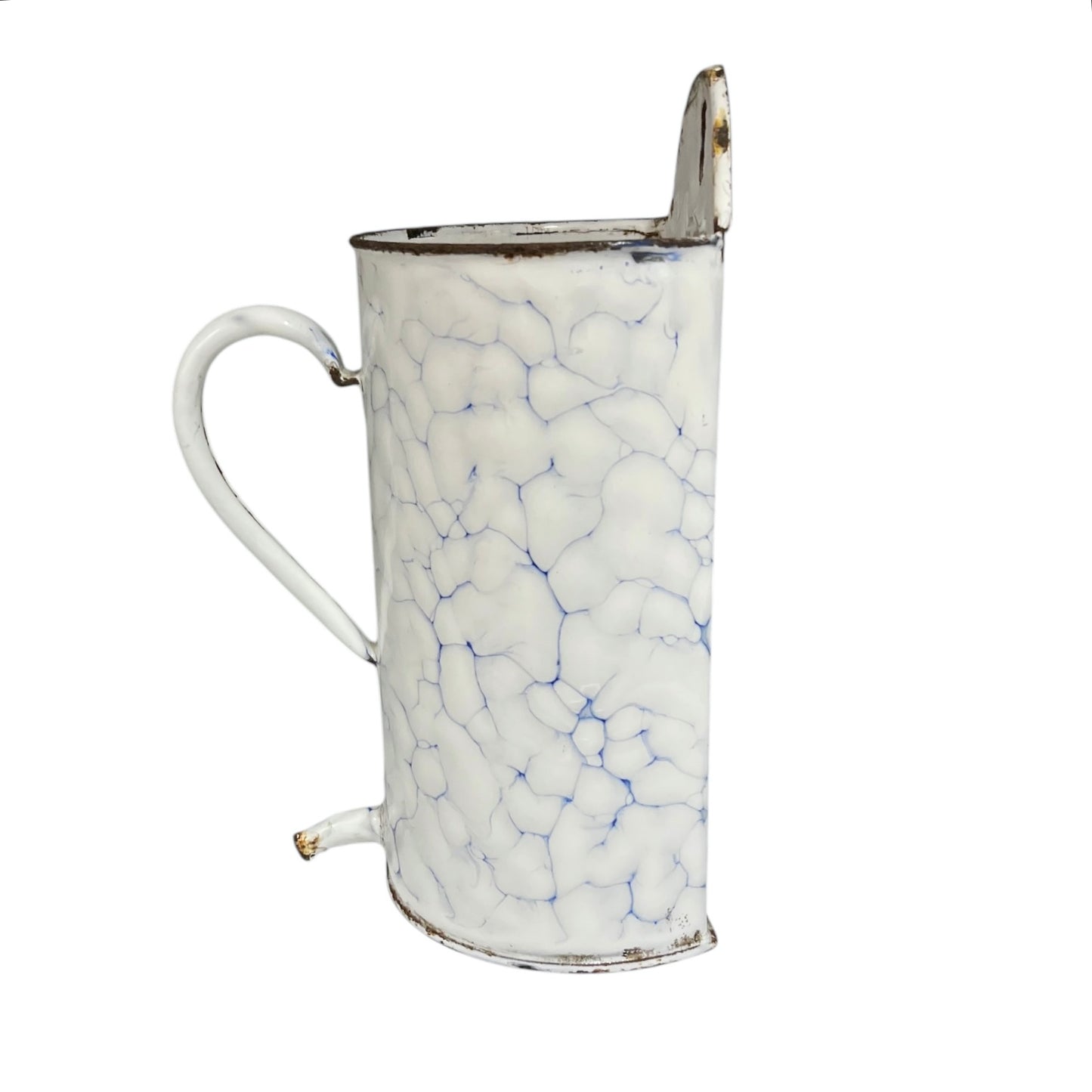 A vintage enamel pitcher with a white body, blue crackle pattern, and silver-toned metal rim and handle, shown on a plain white background.