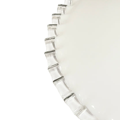 close up of clear rim on French vintage milk glass pendant lampshade on a white background 